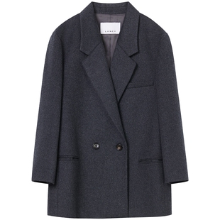 【羊毛羊绒】LANCY/朗姿2025冬新款气质双排扣毛呢大衣通勤外套女