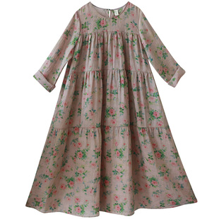 5折【朱颜梦】复古苎麻印花连衣裙女夏季拼接宽松高级感大摆长裙