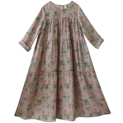 复古苎麻印花连衣裙女夏拼接长裙