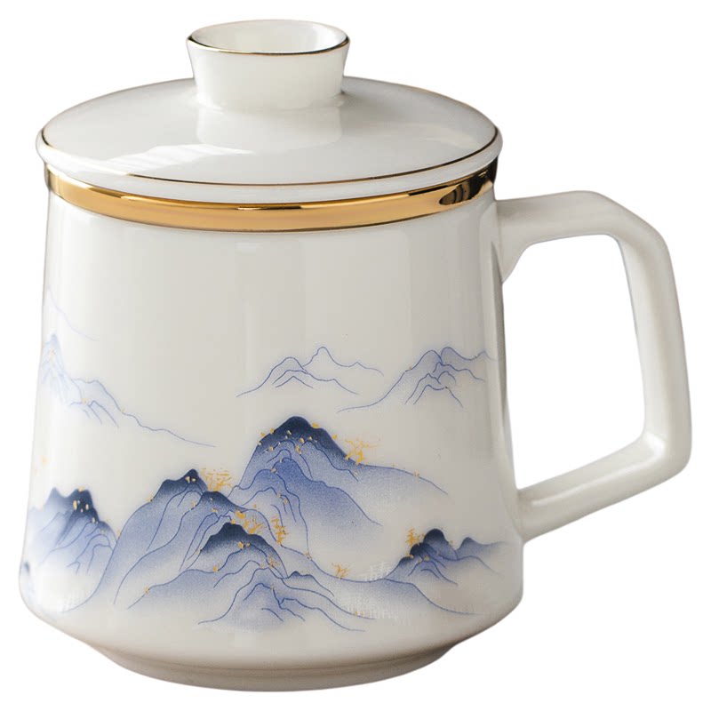 【七夕礼物】羊脂玉茶杯陶瓷杯子水杯带盖马克杯礼品办公室泡茶杯