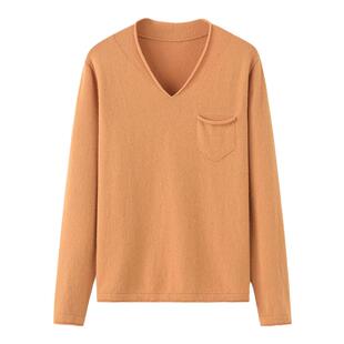 阿绒源羊绒V领带兜女套衫卷边自带领针织羊毛衫宽松休闲内搭毛衣