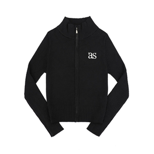 NEW 1/31｜ason韩系简约风as字母刺绣黑色高领修身拉链针织开衫