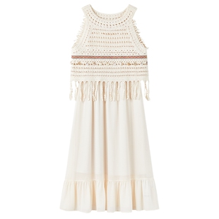 秋水伊人波西米亚海边度假套装2026夏季镂空针织吊带连衣裙套装女