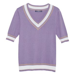 紫色短袖针织T恤女夏横行道大码宽松胖mm套头V领半袖上衣打底衫
