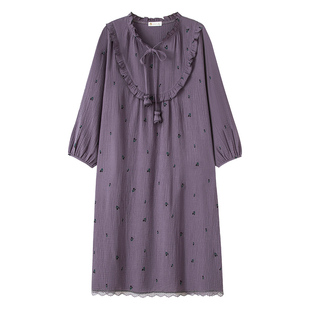 妮狄娅睡衣睡裙女春季纯棉纱布长袖紫色法式田园风长裙春秋家居服