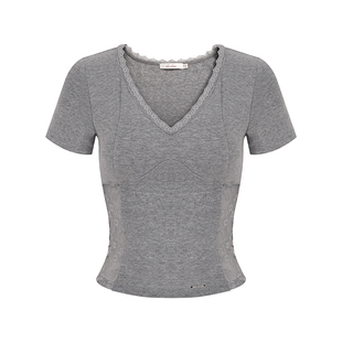 卢昱晓陈瑶同款 Liilou  春日蕾丝 一体胸垫 蕾丝拼接短袖T恤