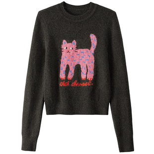 BANANA CICI2025年冬季原创BC长腿猫绣花圆领套头正肩毛衣针织衫