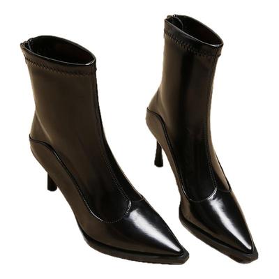 法式尖头细跟短靴女2025秋冬新款高级感名媛气质高跟鞋显瘦裸靴子