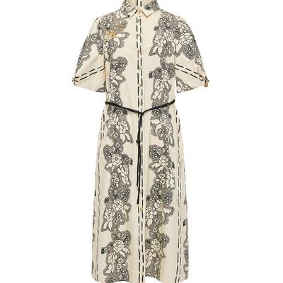 雅莹精梳棉国风印花衬衫连衣裙