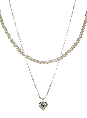 unbeaten银色爱心双层珍珠项链