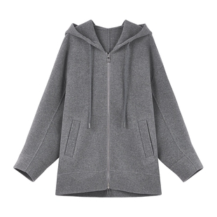 【100%绵羊毛】秋水伊人宽松连帽毛呢外套女2025冬季新款时尚大衣