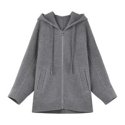 秋水伊人100%绵羊毛连帽毛呢大衣
