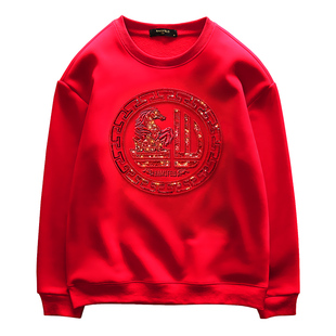 中国风潮牌男士刺绣福字马年红色卫衣男款秋冬圆领加绒本命年外套