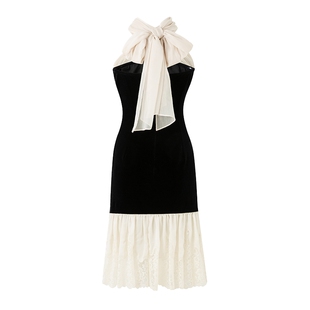 【戴萌同款】DIANA VEVINA冬新款丝绒绣花雪纺飘带两穿连衣裙