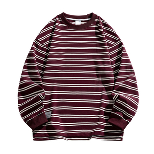 复古条纹长袖T恤男士秋冬宽松前短后长下摆开叉通勤休闲打底卫衣
