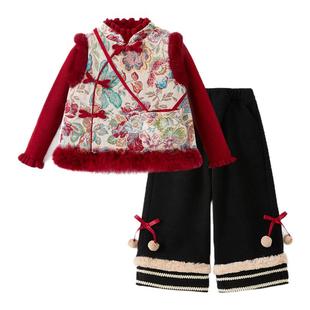 女童小公主洋气冬装套装2026新款中式国风周岁女宝礼服儿童拜年服