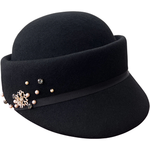 手工缝制珍珠羊毛呢马术帽女秋冬英伦复古保暖优雅鸭舌帽羊毛礼帽