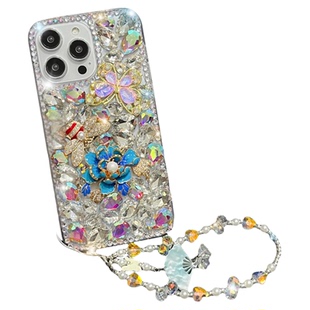 Butterfly Petals Case for iPhone 17 16 15 14 13 Pro Max Rose Peony flowers Rhinestone Bees Cover