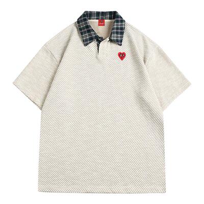 查尔斯桃心 翻领爱心刺绣格子衬衫短袖t恤男2025年夏季新款polo衫