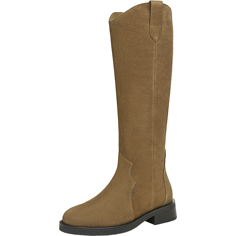 TATA他她超模靴英伦长筒靴女靴棕色V口真皮西部靴早秋季7TGA6DG4