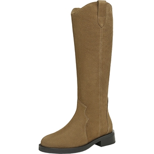 TATA他她超模靴英伦长筒靴女靴棕色V口真皮西部靴早秋季7TGA6DG4