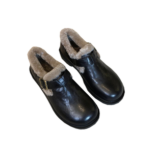 羊皮版~加绒勃肯鞋女2025秋冬新款毛毛保暖单鞋子复古棕色小皮鞋