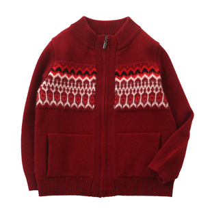 100%纯羊绒衫男童毛衣宝宝中大童费尔岛加厚拉链开衫男孩外套洪叶