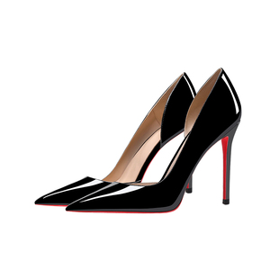 黑色高跟鞋女细跟尖头cl红底侧空职业气质御姐性感不累脚漆皮单鞋