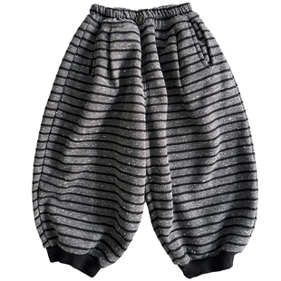 男童裤子加绒宝宝灯笼裤2025新款秋冬季韩版童装一体绒儿童条纹裤