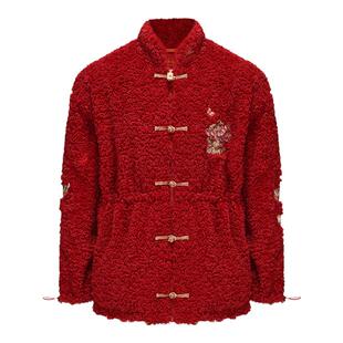 碧海潮生【年年有鱼•红】秋冬新款中国风国潮刺绣毛绒唐装外套