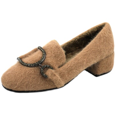 外穿新款加绒粗跟毛毛鞋