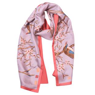 上海博物馆长丝巾余省桃花双绶春秋新款高档真丝披肩生日中秋节