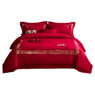 TW小熊纯棉婚庆床上四件套结婚喜庆套件1.8m正红色刺绣被套礼盒装