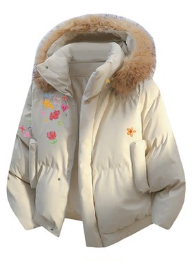 查尔斯桃心 大毛领涂鸦印花棉服男女款加厚保暖冬季棉衣情侣外套