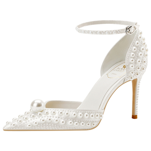 rose castle婚鞋女一字扣主婚纱新娘鞋法式白色高跟绸缎礼服单鞋