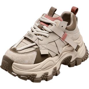 千百度厚底加绒老爹鞋女新款百搭厚底松糕系带运动休闲拼色增高