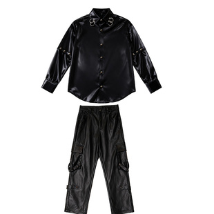 儿童街舞潮服男童嘻哈少年演出服架子鼓摇滚亮面黑衬衫炫酷套装