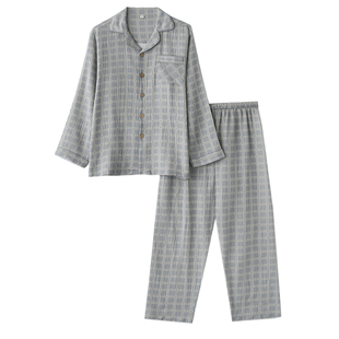 2025新款复古风格子睡衣男春夏季纯棉纱布双层薄款长袖家居服套装