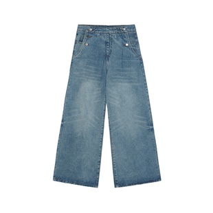 JUMPNEXT解构翻页腰头水洗宽松直筒牛仔裤休闲设计感阔腿长裤情侣