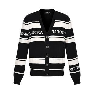 RARE威雅男装秋冬新款羊毛混纺针织衫外套男黑白条纹提花款毛开衫