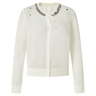 MOISSAC摩萨克冬季款贵气优雅感亮片纯色长袖针织开衫上衣