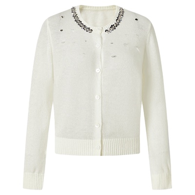 钻饰纯色圆领长袖针织开衫