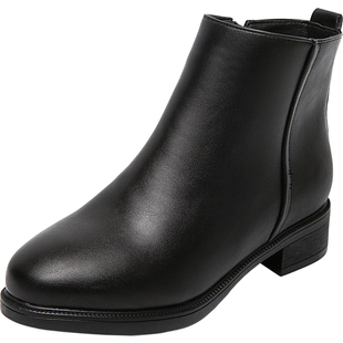 秋冬圆头黑色短靴女工加绒保暖装靴女短筒皮靴粗跟软底工作鞋低跟