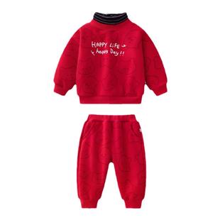 婴儿夹棉加绒新中式拜年服套装红色过年马年男童女宝宝唐装秋冬季