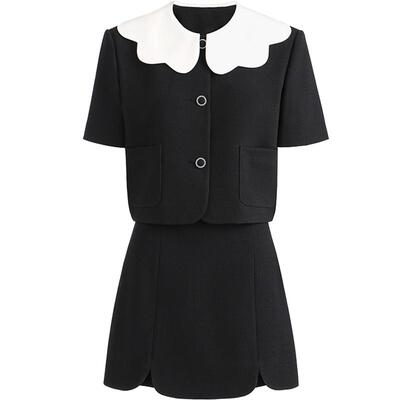 【FIVE PLUS 奥莱】女夏装娃娃领短外套女时尚两件套装搭半身裙子