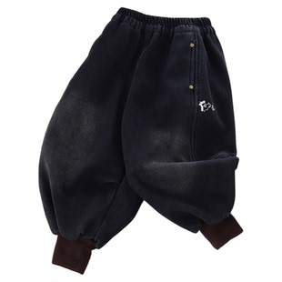 男童加绒牛仔裤秋冬新款儿童束脚长裤宝宝松紧腰宽松保暖裤子酷帅