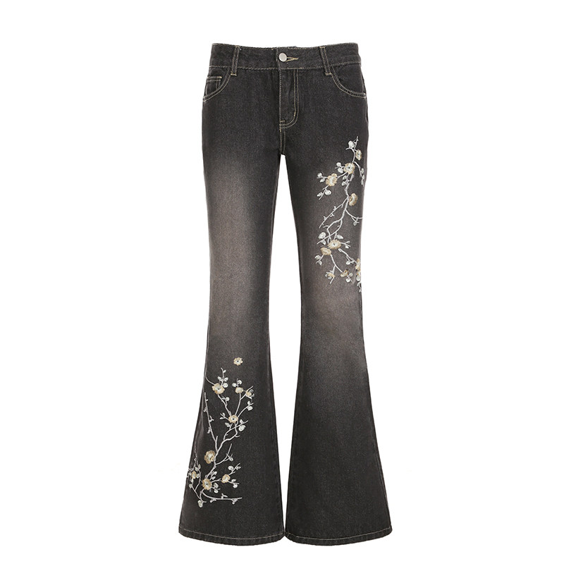 IAEY中古vintage刺绣花朵印花泛白低腰牛仔裤百搭修身古早微喇裤