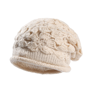 CACUSS手工钩花毛线帽子女冬加厚堆堆帽保暖针织帽显脸小包头冷帽