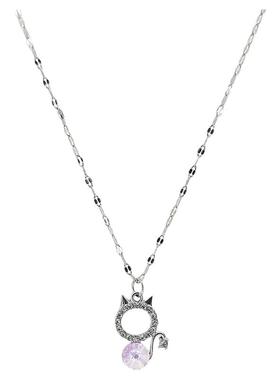 轻奢小众紫色水钻猫头吊坠钛钢项链女银色锁骨链日韩女士时尚高级