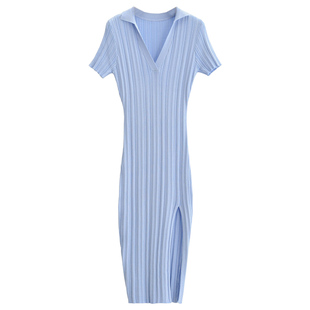 【包邮】小众复古polo领坑条弹力针织开叉裙气质辣妹短袖连衣裙女